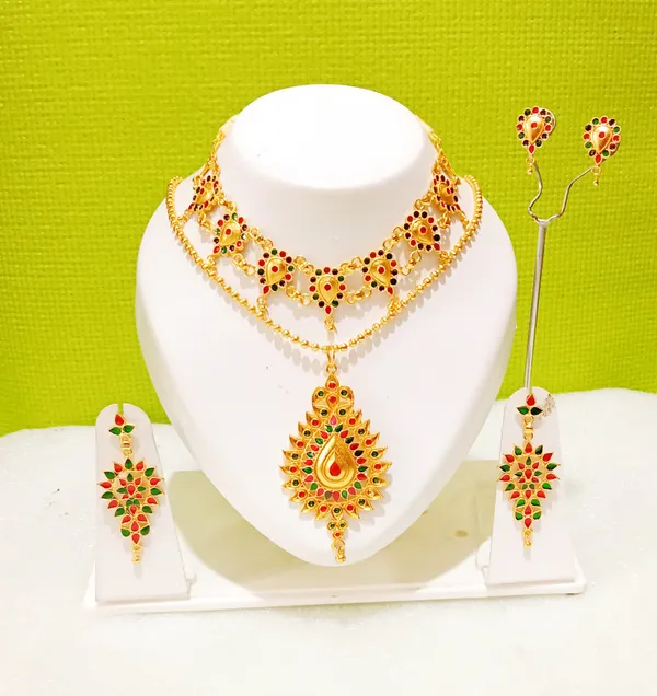 Assamese_Traditional_Gold_Plated_Red_Green_Colour_Combo_Jewellery_Set_For_Women